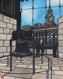 Image of the Liberty Bell and Independence Hall done in Kirie by Kubo Shu